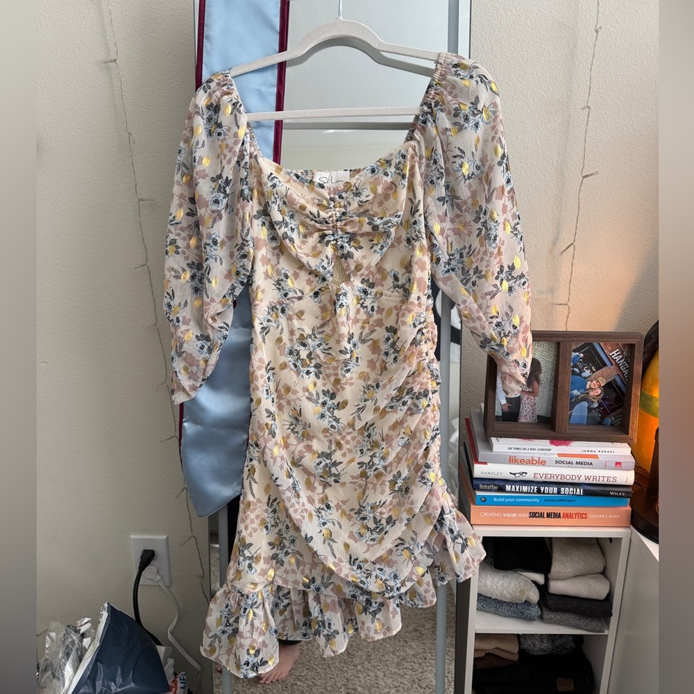 Sweet Lemon cream & white floral mini dress with ruffled hem